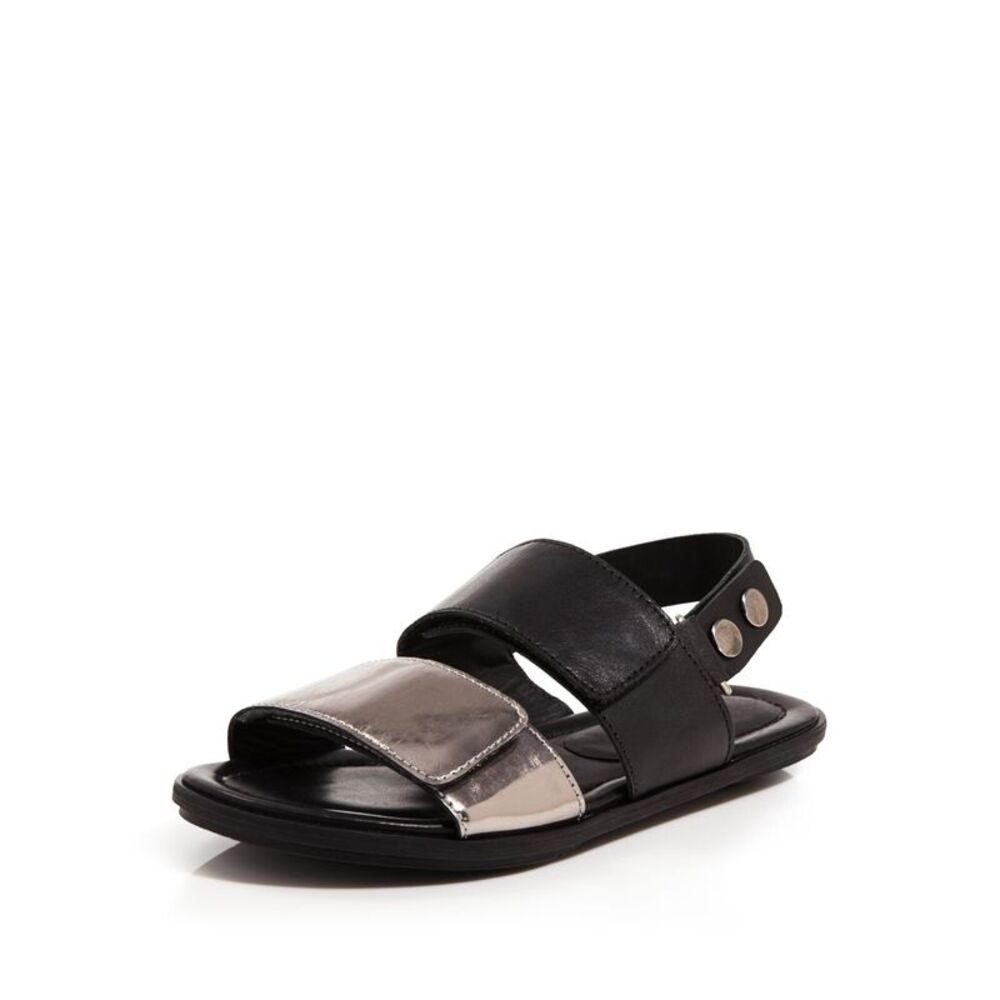 A7EIJE Womens Black Metallic Flora Round Toe Buckle Leather Slingback Sandal 6